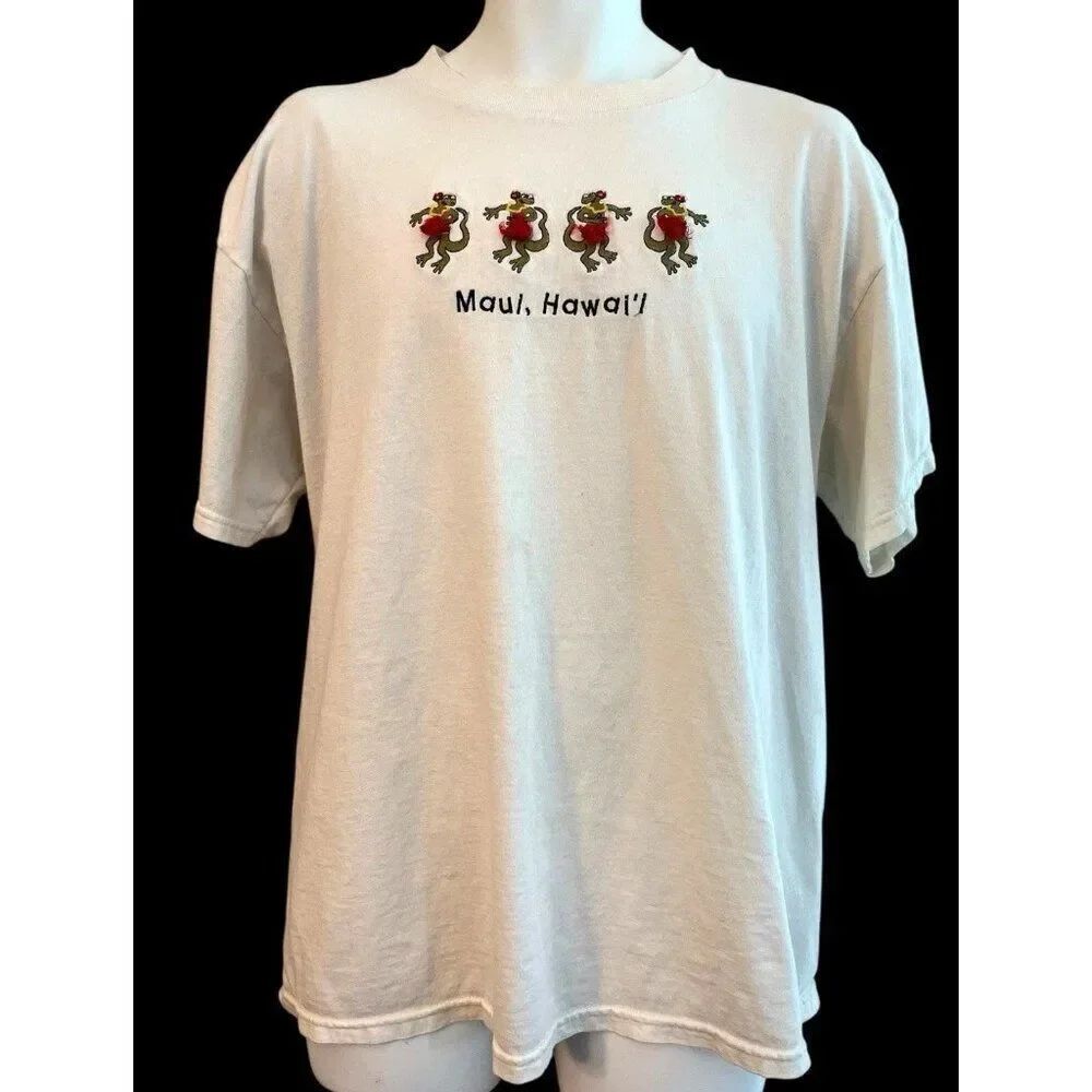 Mens XL Maui Hawaii White T Shirt HulaโGirls Frogs Embroidered Tultex Vintage